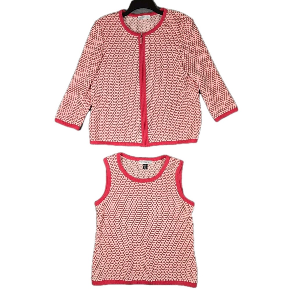 St. John Jacket And Tank Top Set Womens Small Wool Knit Red White Full Zip